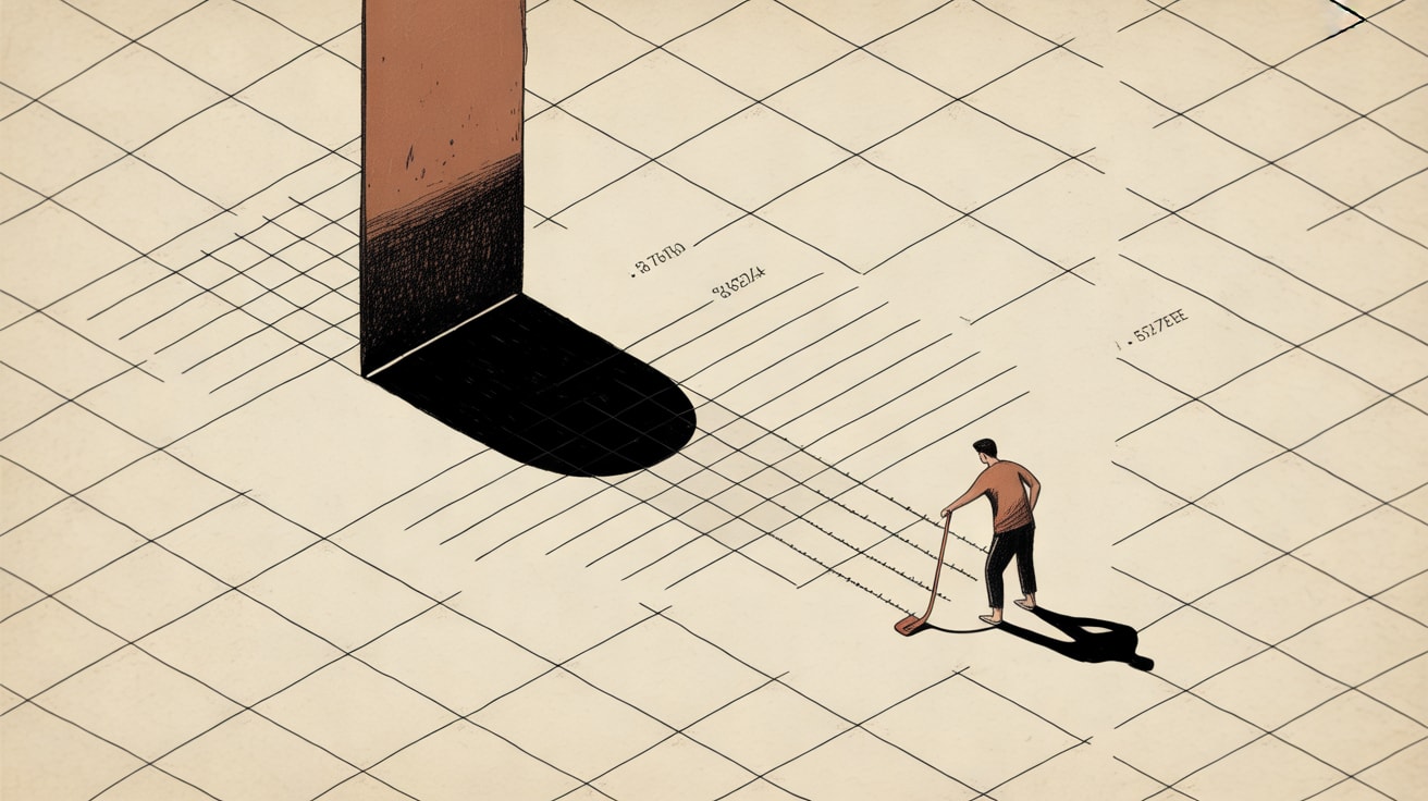Editorial illustration of a figure measuring shadows cast by invisible light sources, representing the challenge of AI search attribution