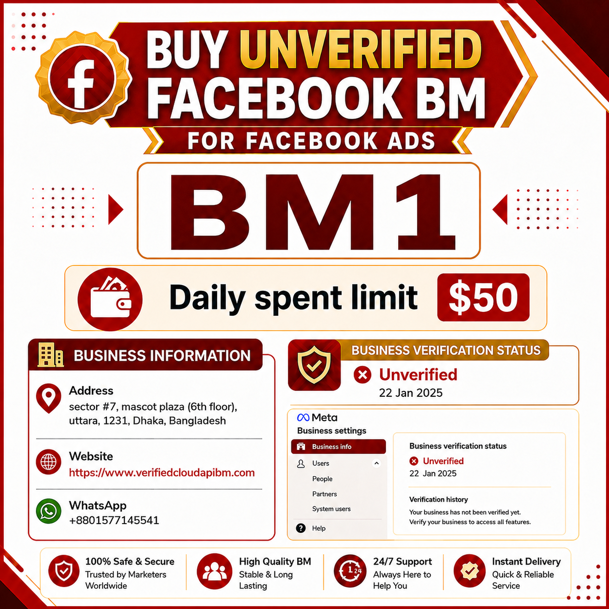 Buy UNVERIFIED FACEBOOK BM FOR FACEBOOK ADS