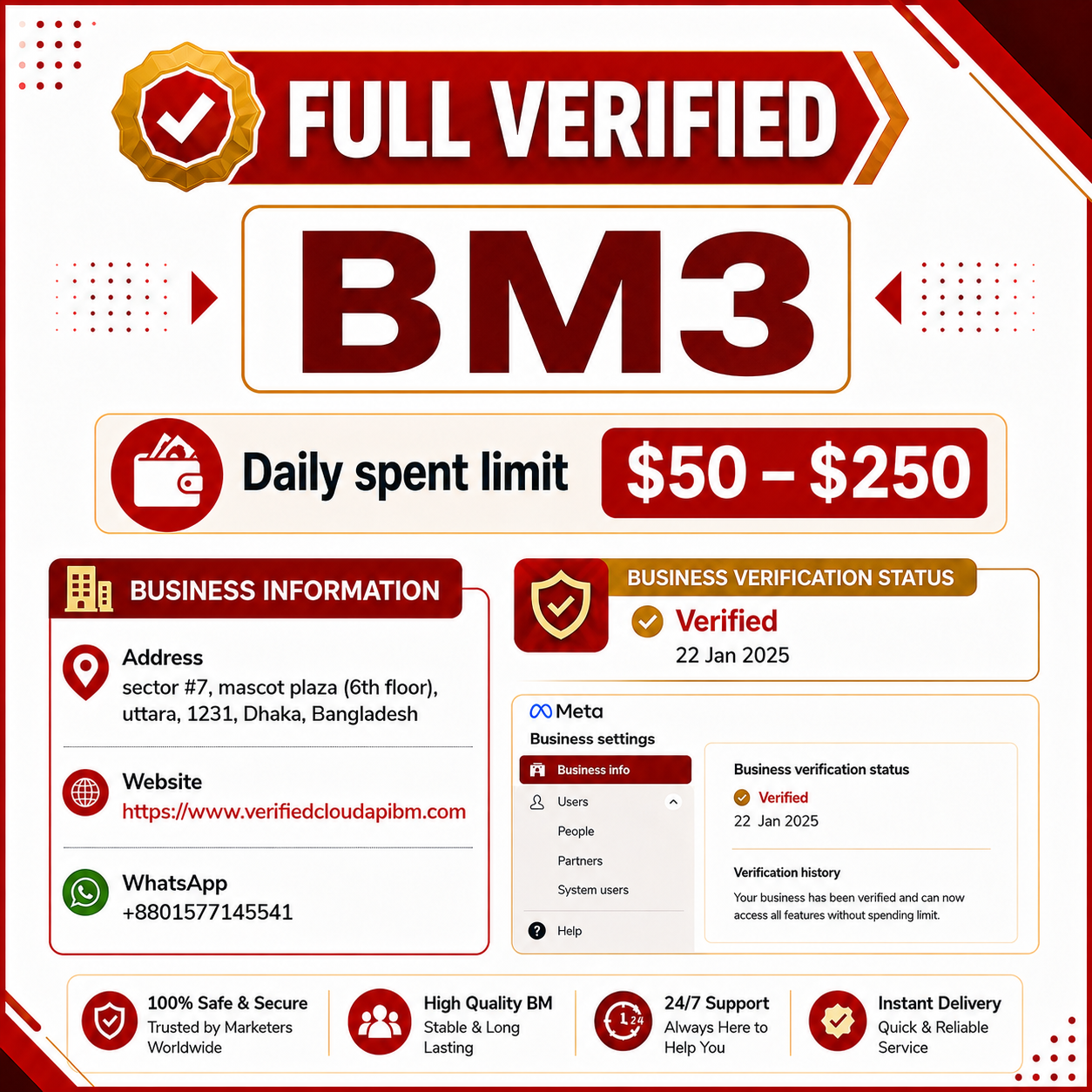 Full Verified BM3 | Daily Spend Limit $50-$250 | Instant Delivery