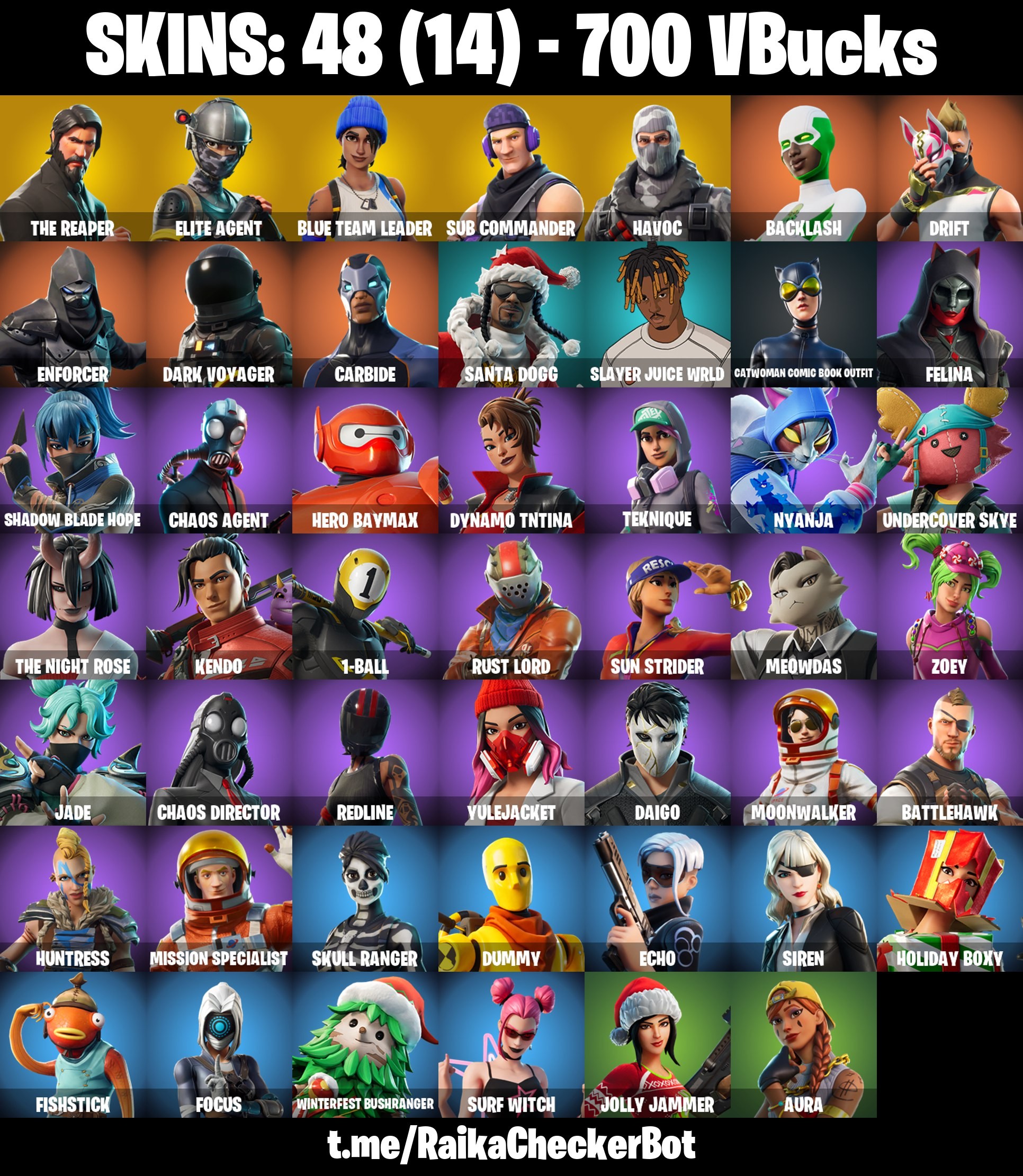 Fortnite Account ( PLAYSTATION / XBOX / PC / MOBILE / NINTENDO ) The Reaper, Take The L, Mako, Blue Team Leader (48 Skins)