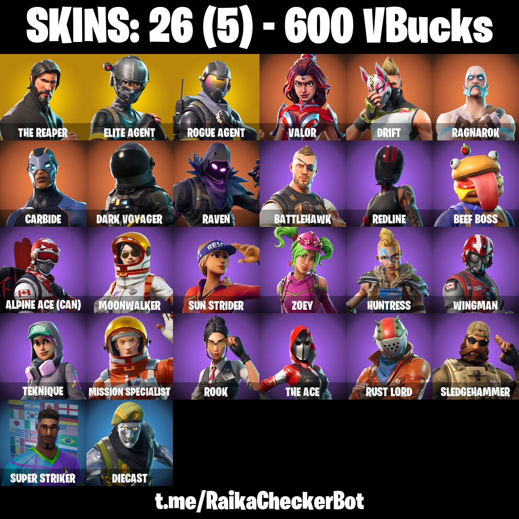 Fortnite Account ( PLAYSTATION / XBOX / PC / MOBILE / NINTENDO ) The Reaper, Take The L, Elite Agent, Drift, Raven, Redline (26 Skins)