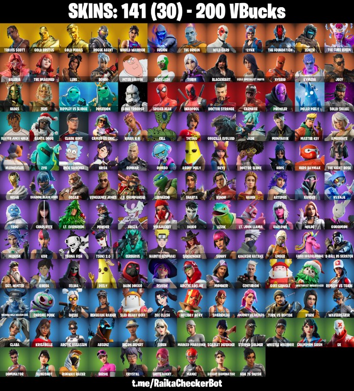 Fortnite Account ( PLAYSTATION / XBOX / PC / MOBILE / NINTENDO ) Travis Scott, Candy Axe, World Warrior, Gold Midas, Gold Brutus, Reaper Axe, Rogue Agent (141 Skins)