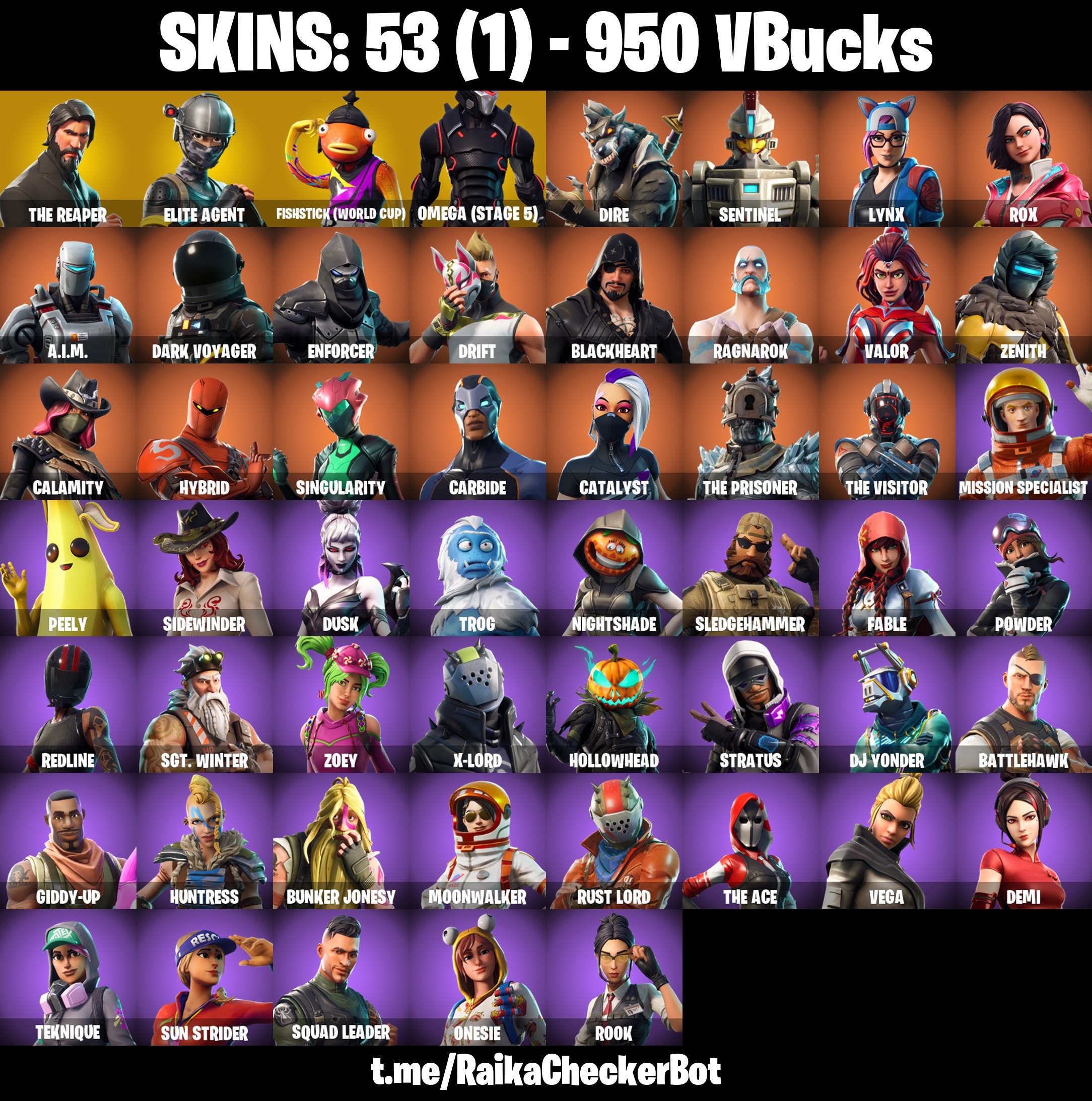 Fortnite Account ( PLAYSTATION / XBOX / PC / MOBILE / NINTENDO ) The Reaper, Take The L, Fishstick (World Cup), Omega (Stage 5), Elite Agent (53 Skins)