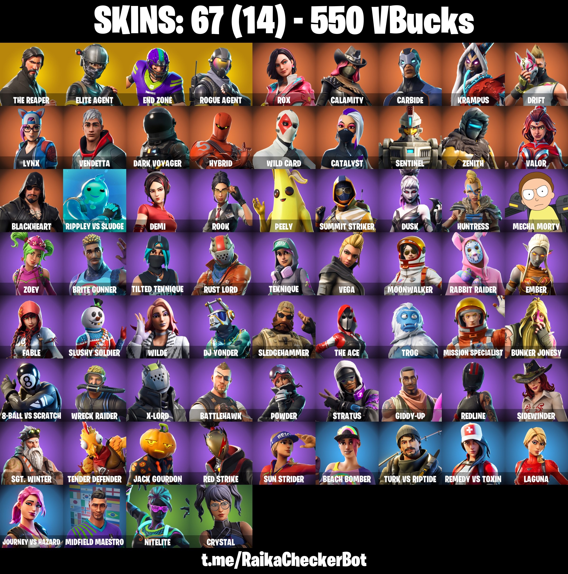 Fortnite Account ( PLAYSTATION / XBOX / PC / MOBILE / NINTENDO ) The Reaper, Take The L, Elite Agent, Rogue Agent, Wild Card, Drift, Hybrid (67 Skins)