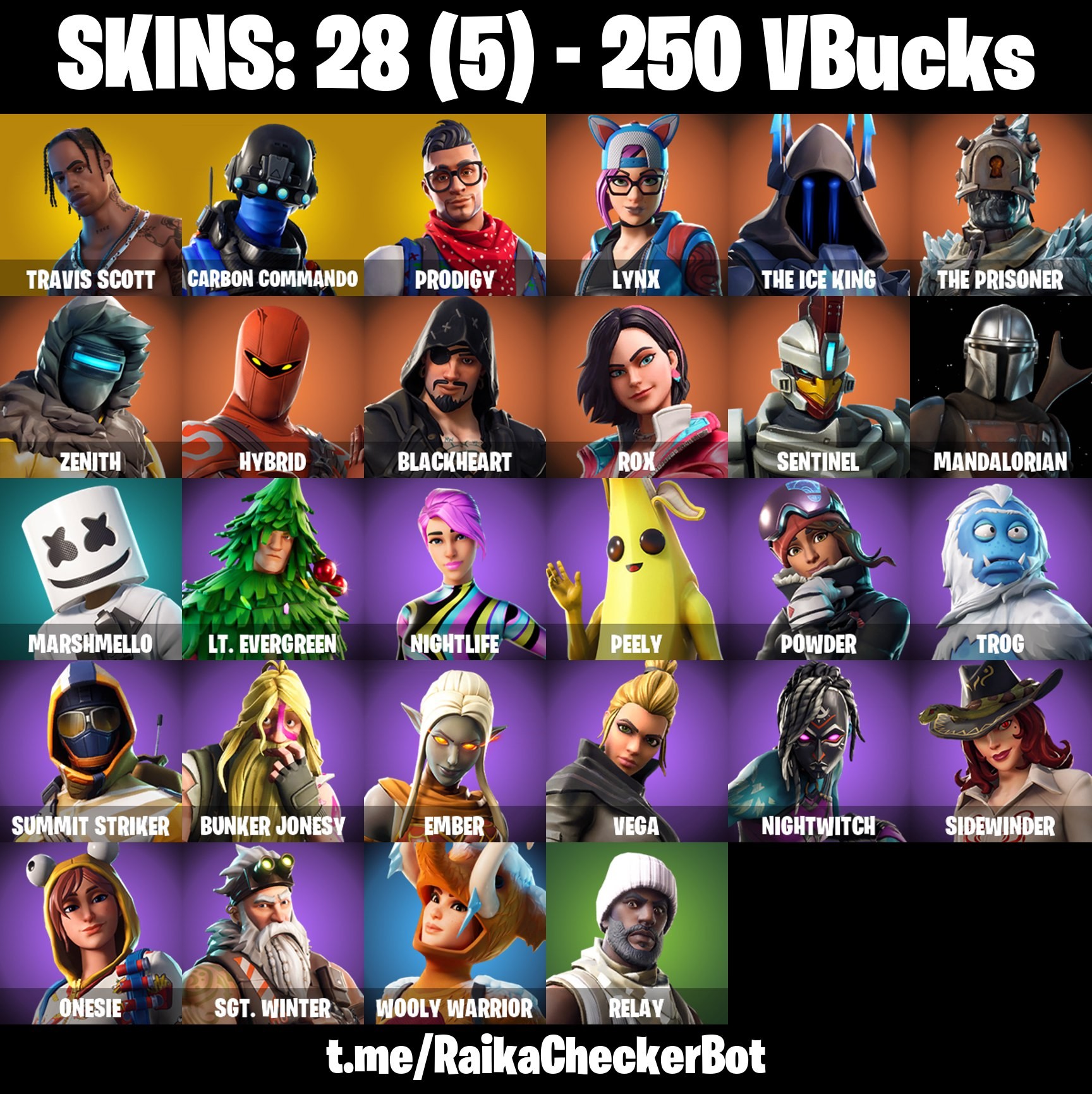 Fortnite Account ( PLAYSTATION / XBOX / PC / MOBILE / NINTENDO ) Travis Scott, Carbon Commando, Prodigy, Take The Elf (28 Skins)