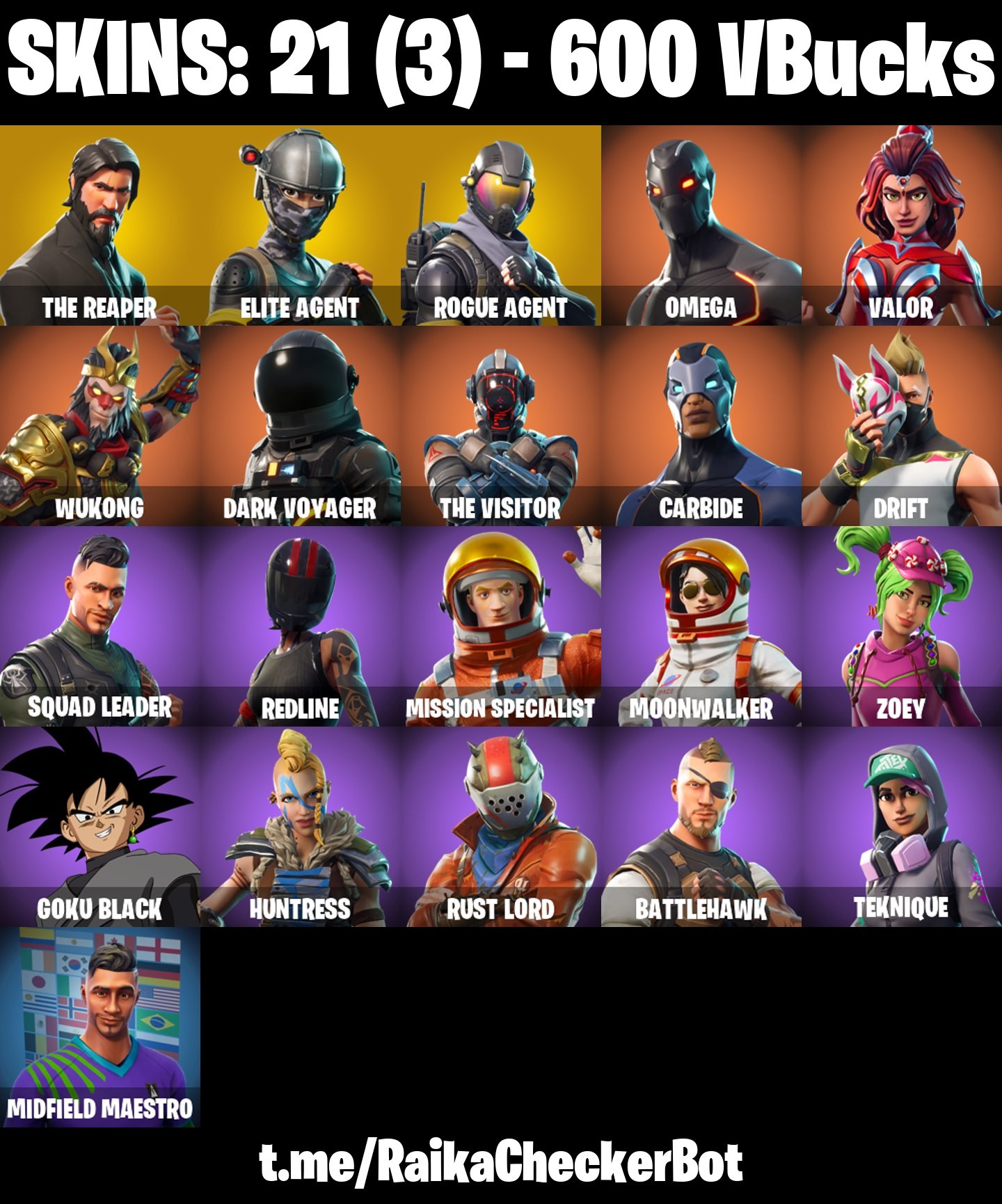 Fortnite Account ( PLAYSTATION / XBOX / PC / MOBILE / NINTENDO ) The Reaper, Take The L, Elite Agent, Rogue Agent, Omega (21 Skins)