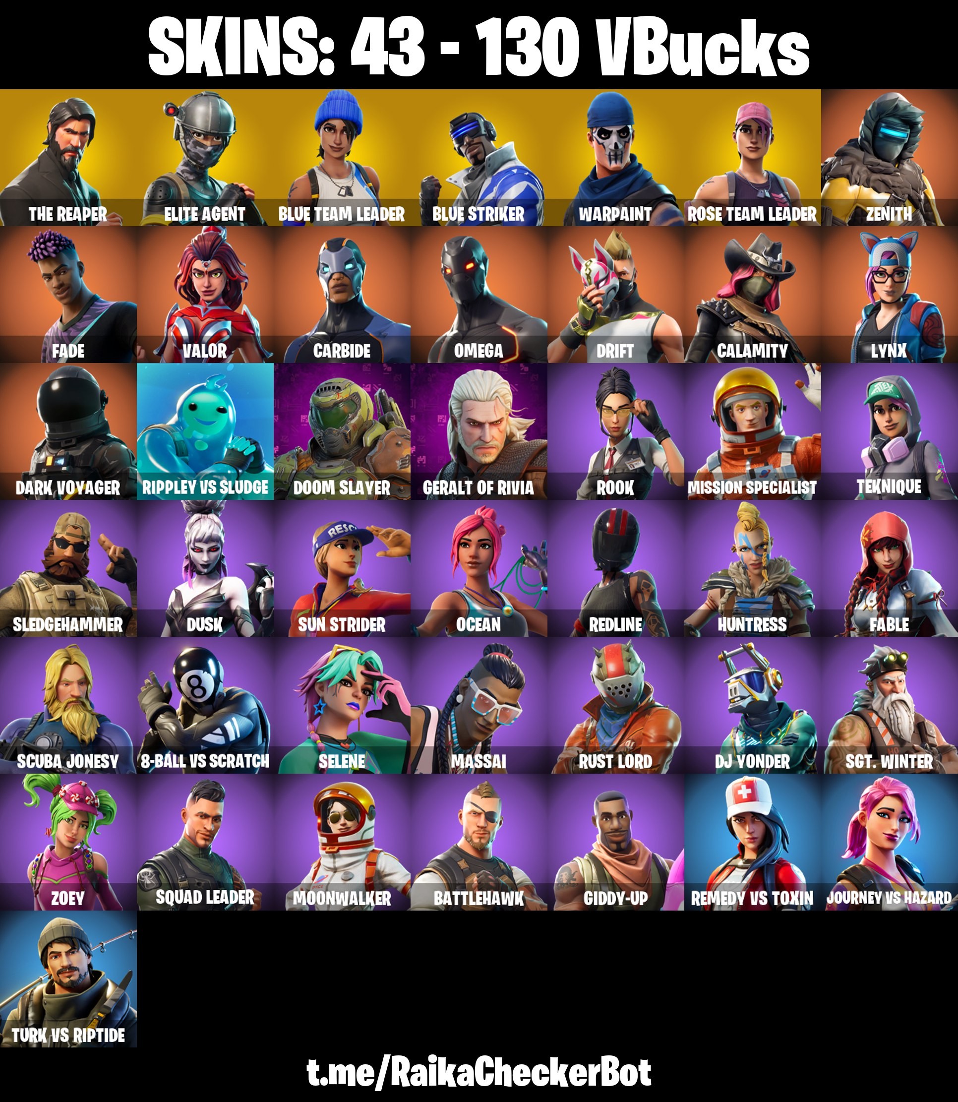 Fortnite Account ( PLAYSTATION / XBOX / PC / MOBILE / NINTENDO ) The Reaper, OG STW, Blue Striker, Blue Team Leader, Take The L, Calamity (43 Skins)