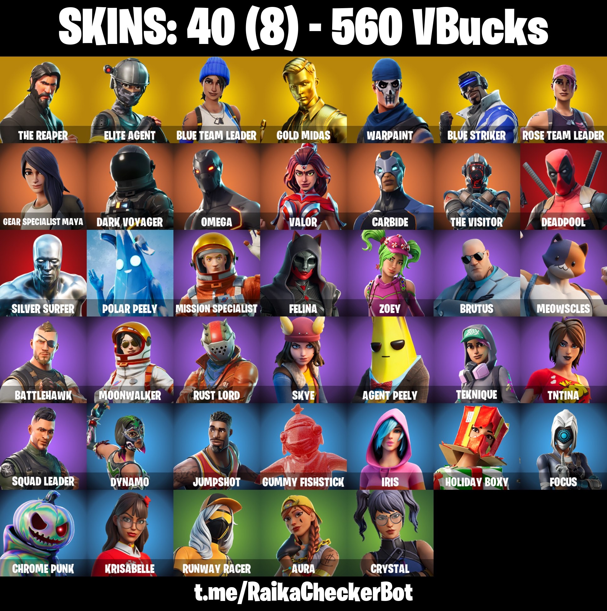 Fortnite Account ( PLAYSTATION / XBOX / PC / MOBILE / NINTENDO ) The Reaper, Take The L, Gold Midas, Blue Team Leader, Deadpool, OG STW (40 Skins)
