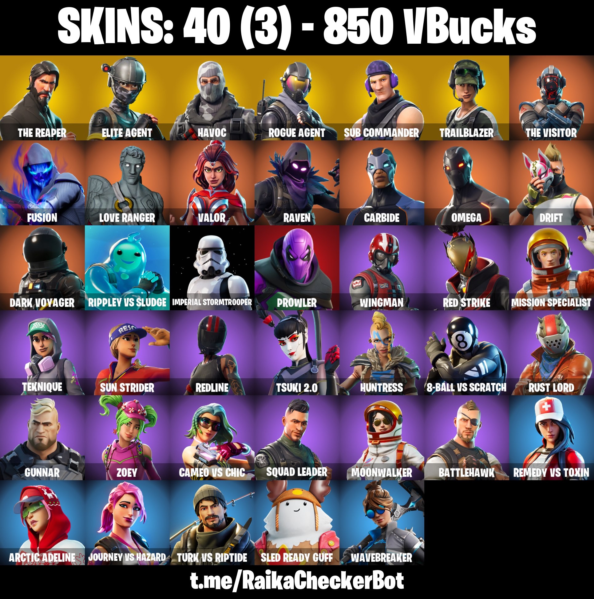 Fortnite Account ( PLAYSTATION / XBOX / PC / MOBILE / NINTENDO ) The Reaper, Trailblazer, Sub Commander, Havoc, Take The L, Raven (40 Skins)