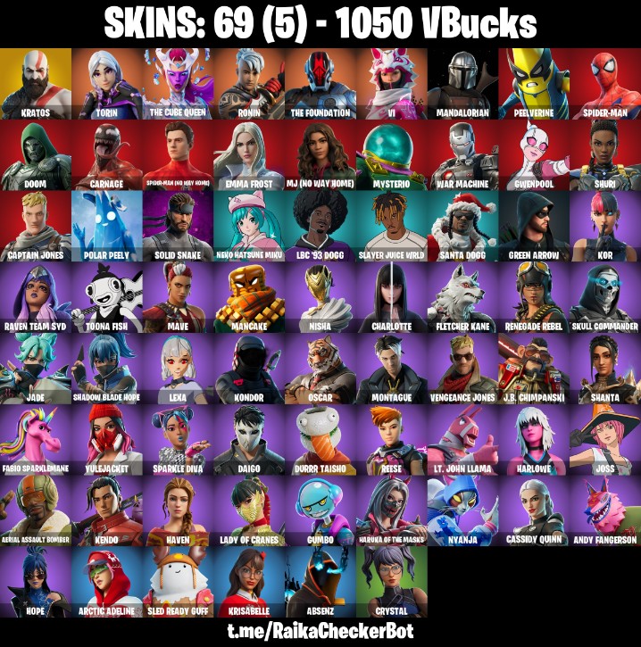 Fortnite Account ( PLAYSTATION / XBOX / PC / MOBILE / NINTENDO ) Leviathan Axe, Kratos, 1050 V-Bucks, Spider-Man, Emma Frost (69 Skins)