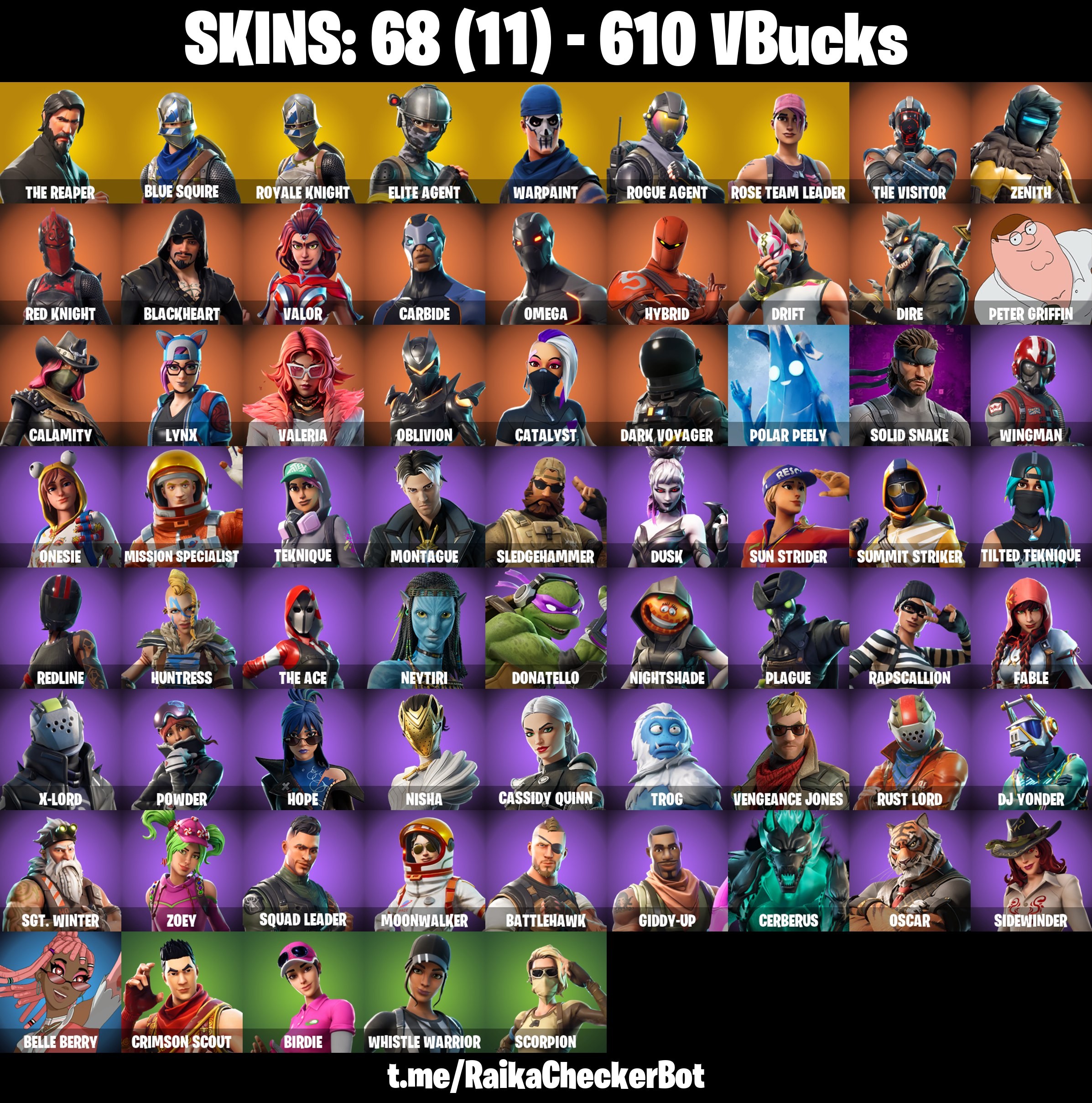 Fortnite Account ( PLAYSTATION / XBOX / PC / MOBILE / NINTENDO ) The Reaper, Royale Knight, OG STW, Blue Squire, Take The L, Elite Agent (68 Skins)