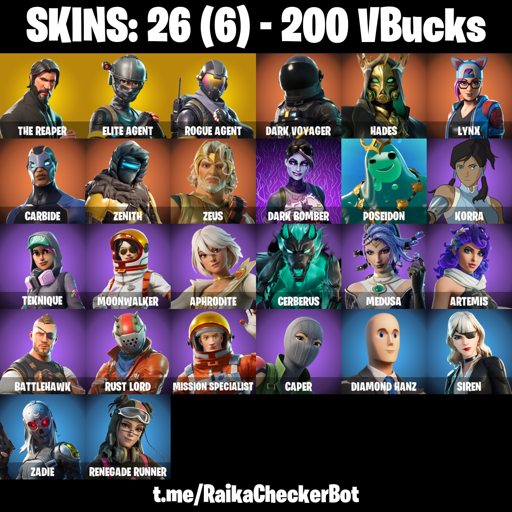 Fortnite Account ( PLAYSTATION / XBOX / PC / MOBILE / NINTENDO ) (THE REAPER, TAKE THE L, ELITE AGENT, ROGUE AGENT, DARK BOMBER) (26 Skins)