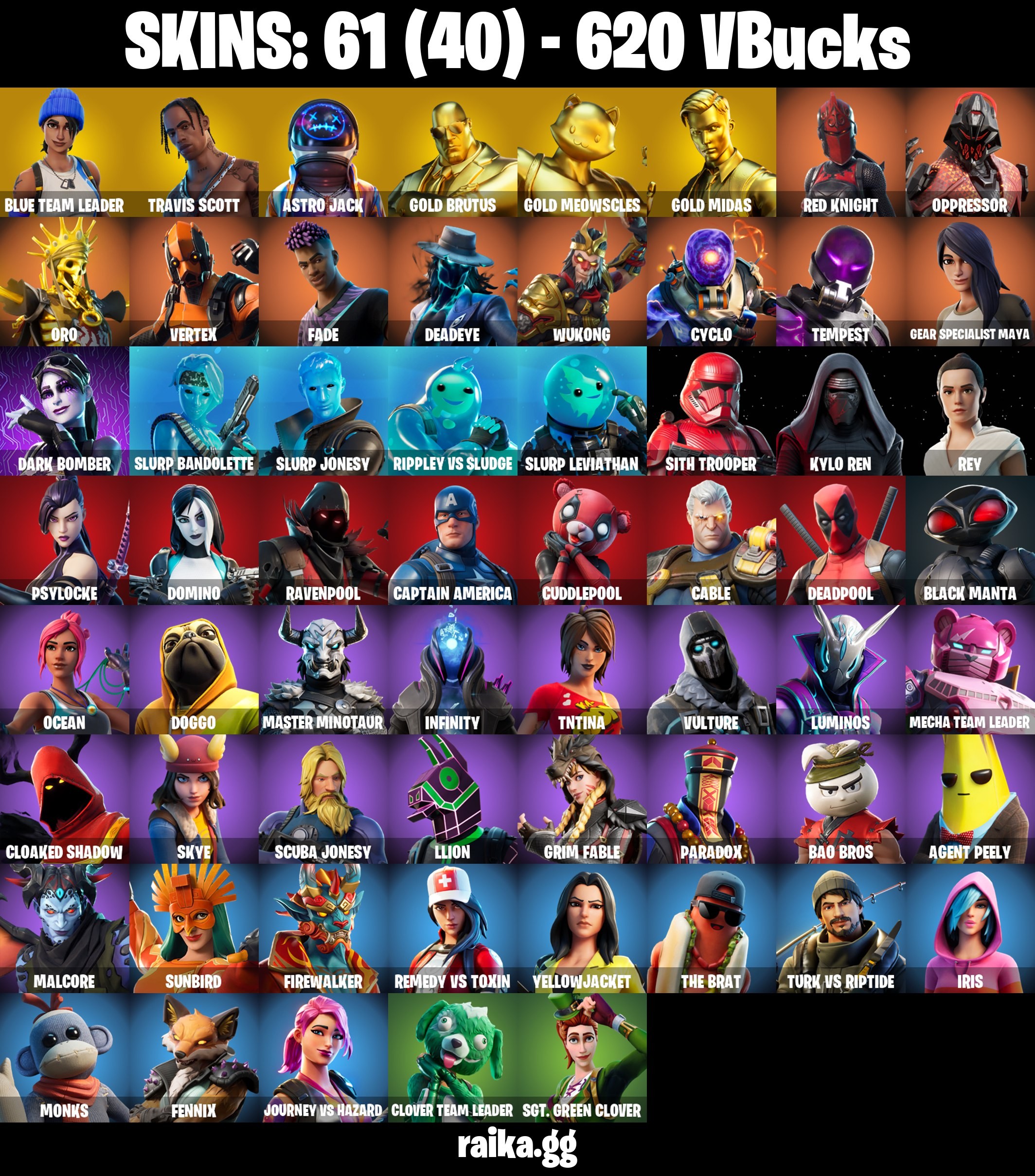 Fortnite Account ( PLAYSTATION / XBOX / PC / MOBILE / NINTENDO ) (TRAVIS SCOTT, ASTRO JACK, GOLD MIDAS, VERTEX, RED KNIGHT, BLUE TEAM LEADER, GOLD BRUTUS) (61 Skins)