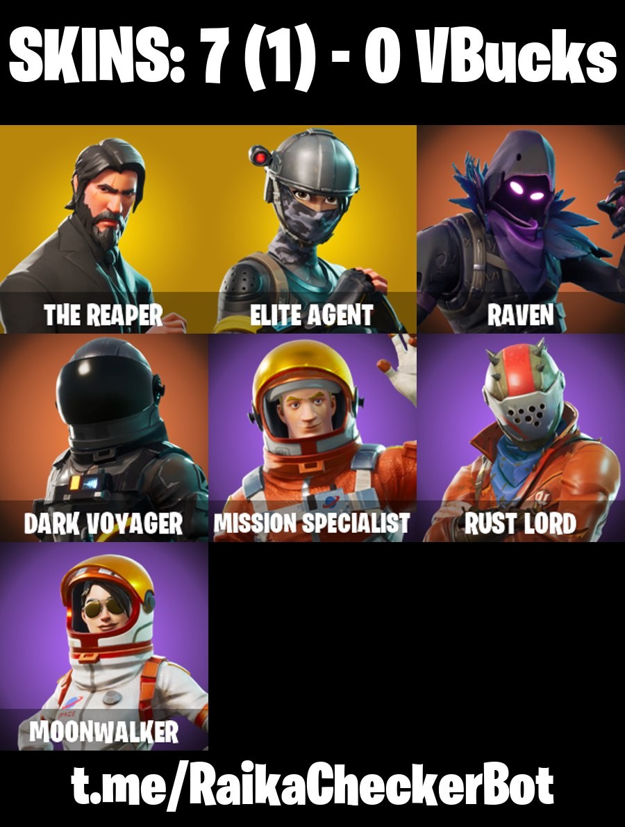 Fortnite Account ( PLAYSTATION / XBOX / PC / MOBILE / NINTENDO ) The Reaper, Take The L, Elite Agent, Raven, Dark Voyager, Rust Lord (7 Skins)