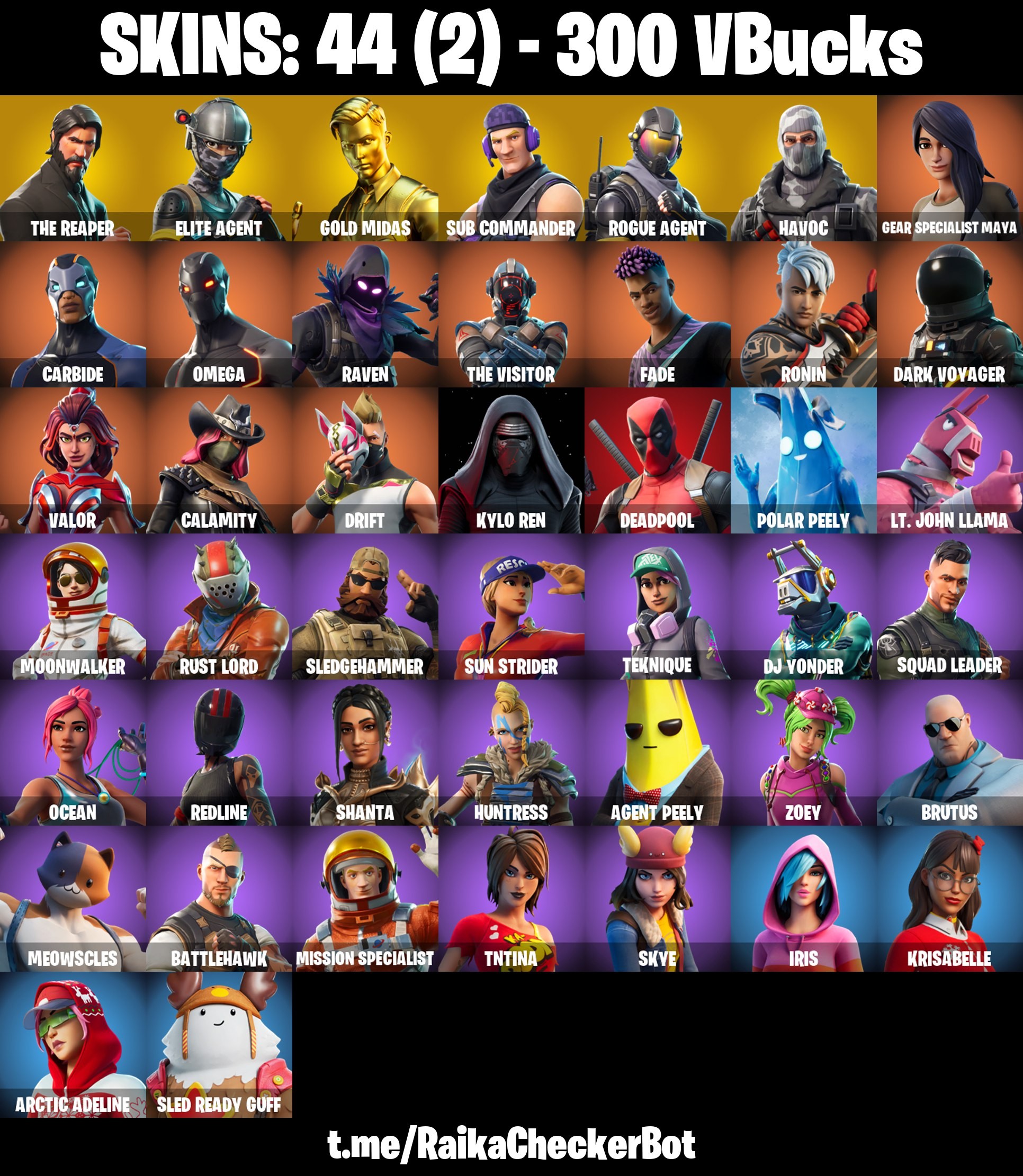 Fortnite Account ( PLAYSTATION / XBOX / PC / MOBILE / NINTENDO ) The Reaper, Take The L, Gold Midas, Elite Agent, Sub Commander, Fade, Deadpool, Drift, Omega (44 Skins)