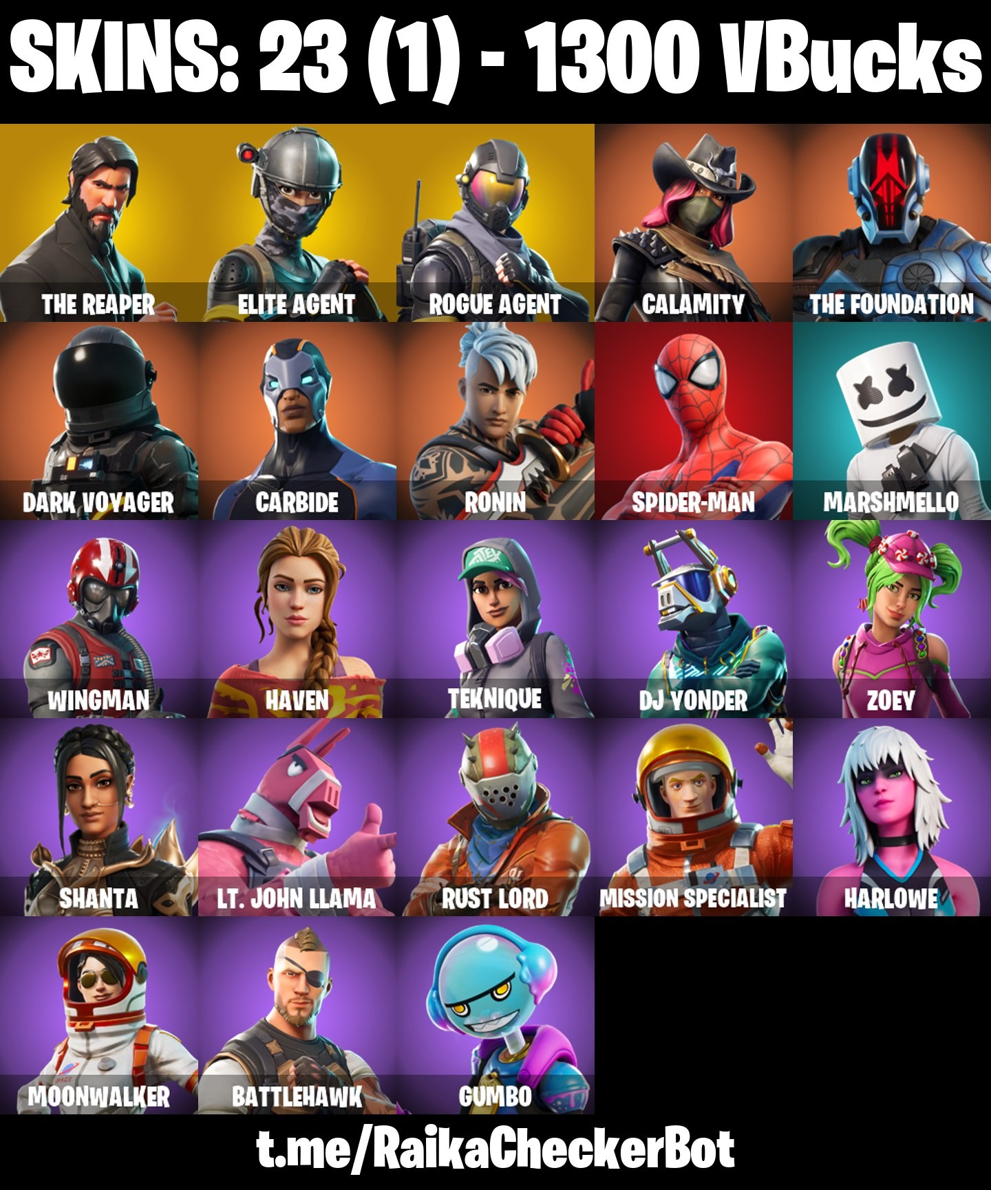 Fortnite Account ( PLAYSTATION / XBOX / PC / MOBILE / NINTENDO ) The Reaper, Take The L, Elite Agent, Rogue Agent, Spider-Man (23 Skins)