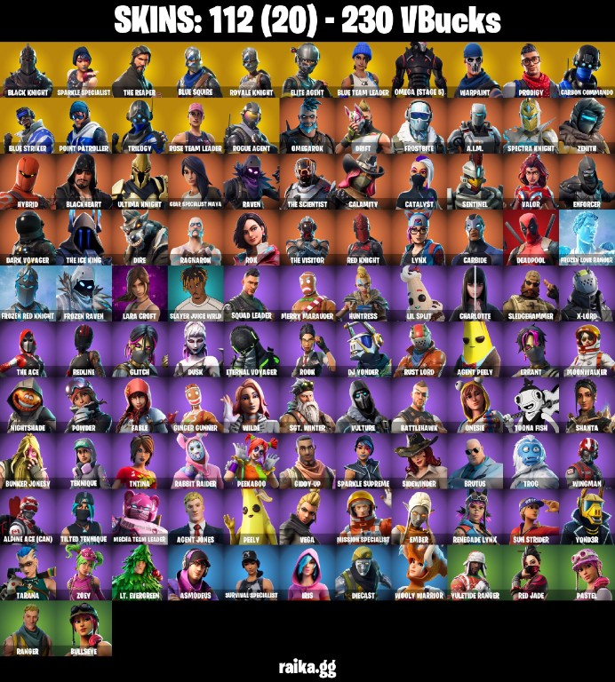 Fortnite Account ( PLAYSTATION / XBOX / PC / MOBILE / NINTENDO ) Black Knight, Sparkle Specialist, The Reaper, Blue Squire, Candy Axe, Royale Knight, Floss (112 Skins)