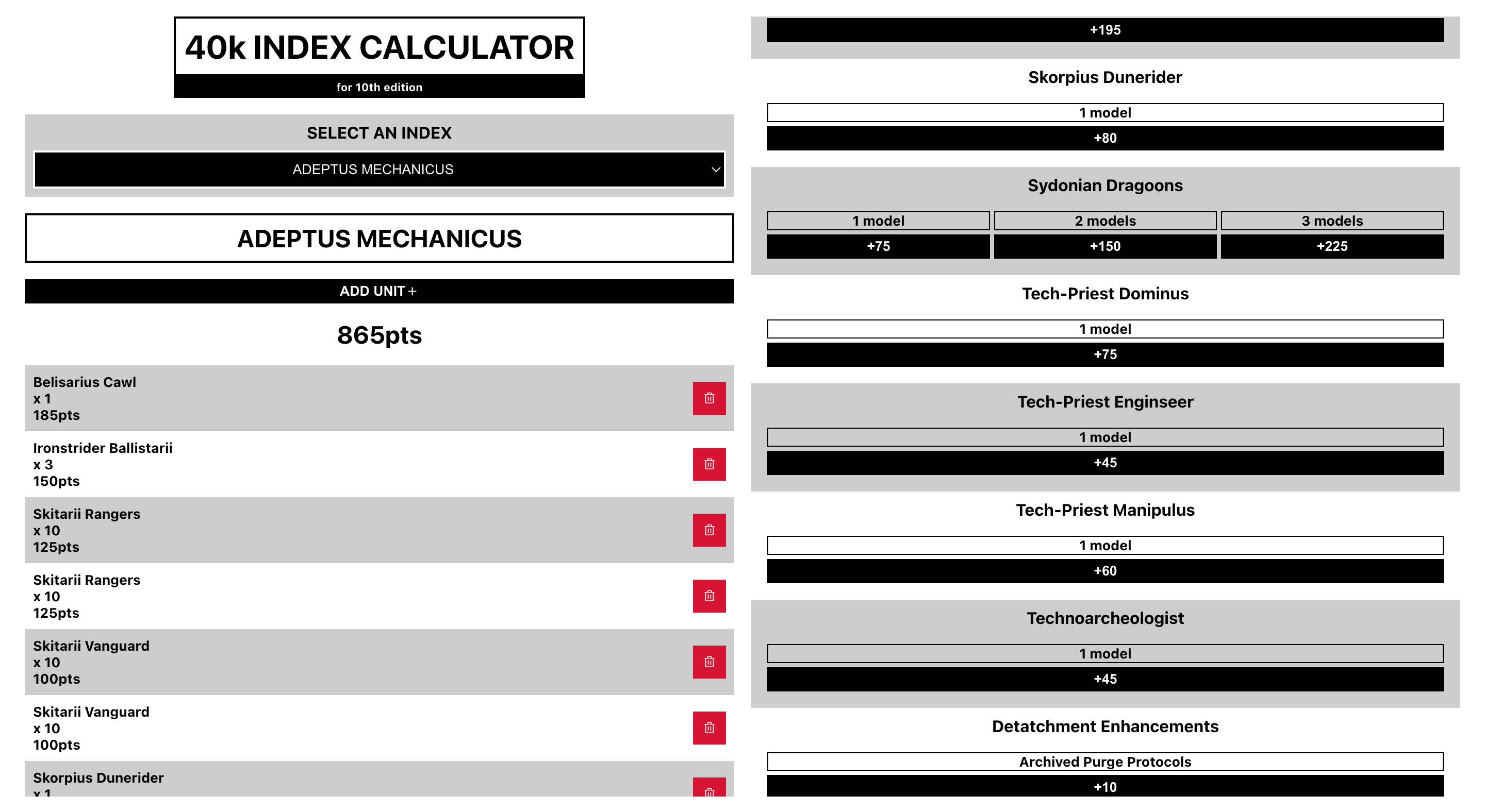40k 10e Index Calculator