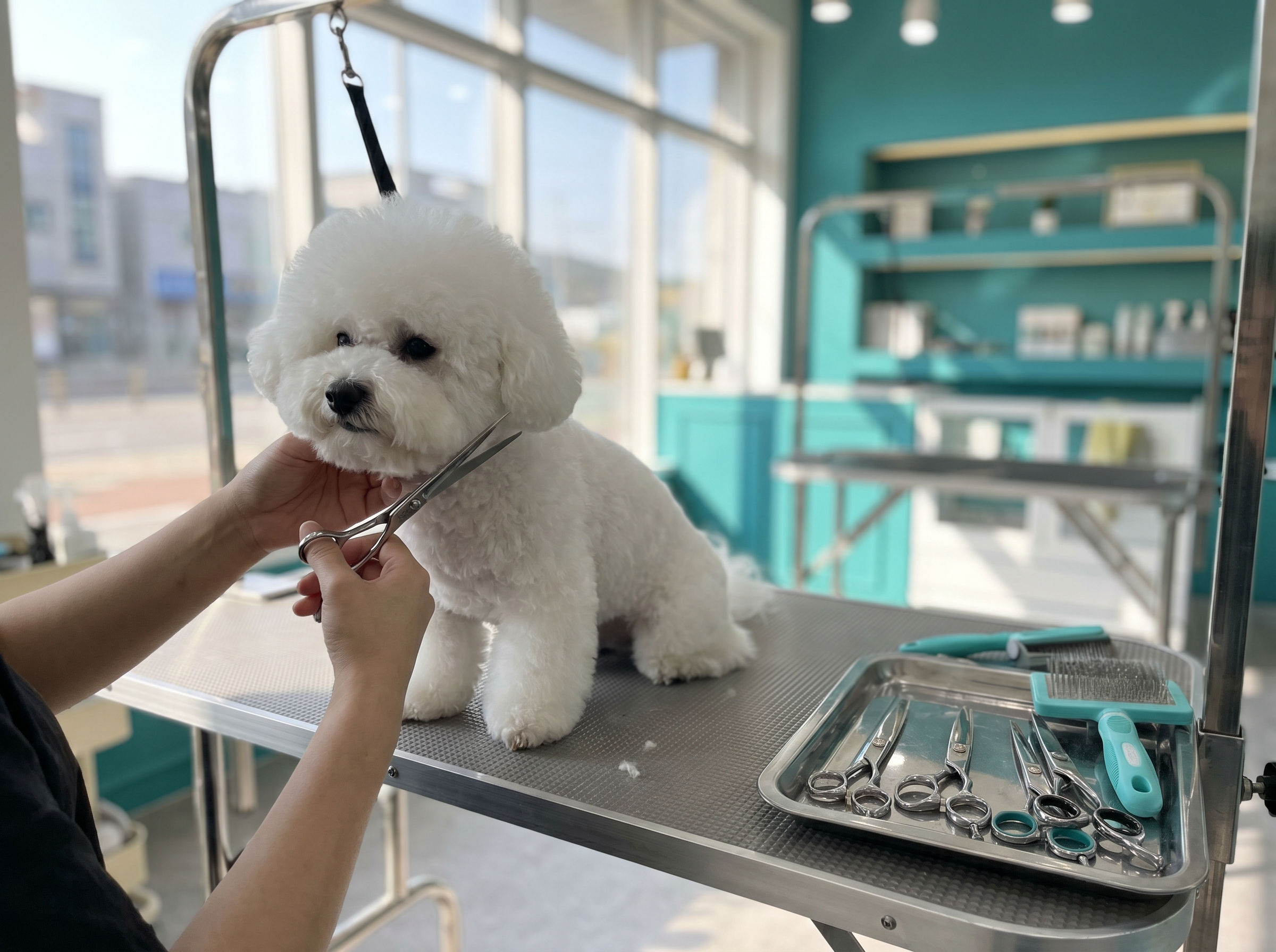 Estilista canino trabajando con mascota en mesa de grooming profesional