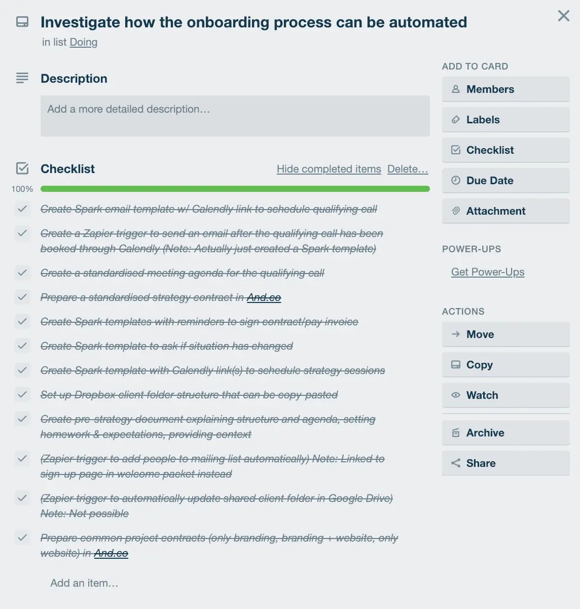 Screenshot of Trello card containing the completed to-do list