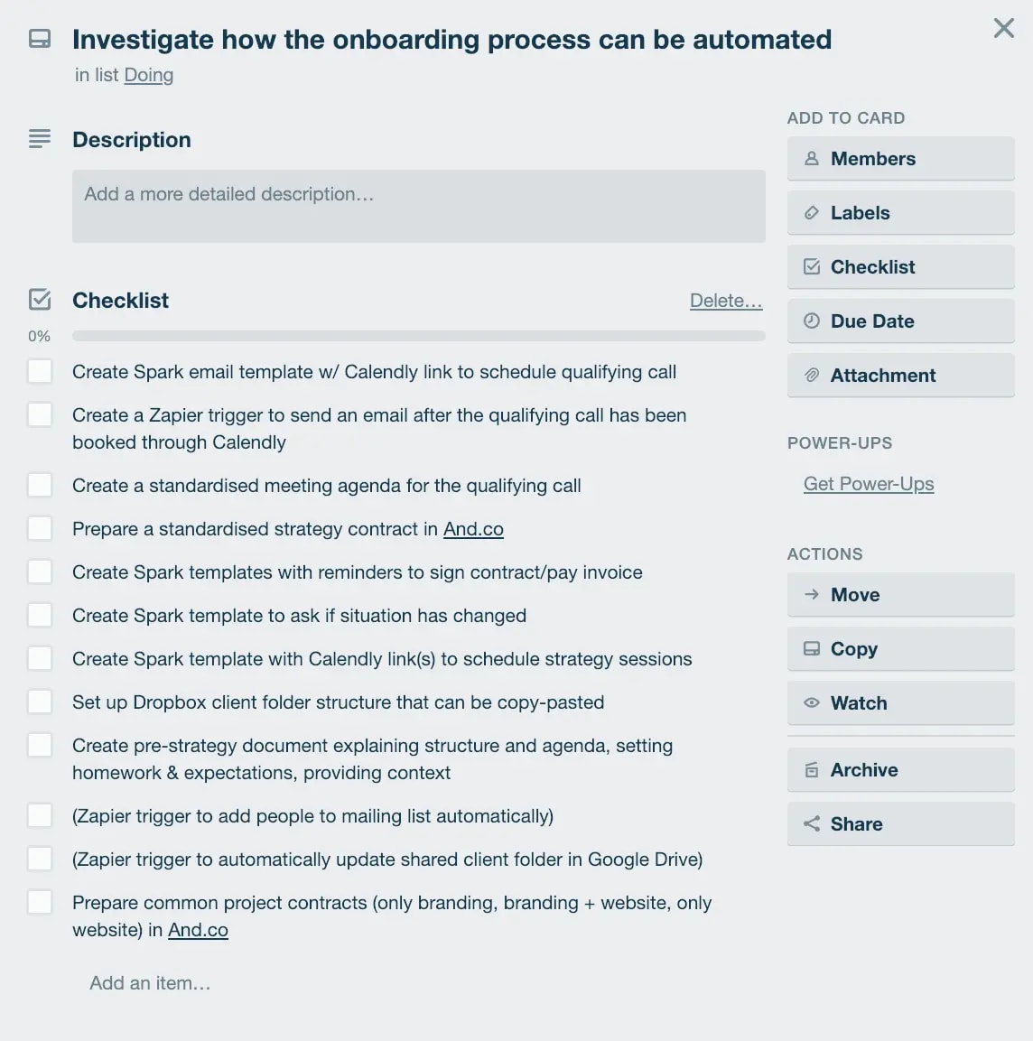 Screenshot of Trello card containing the to-do list