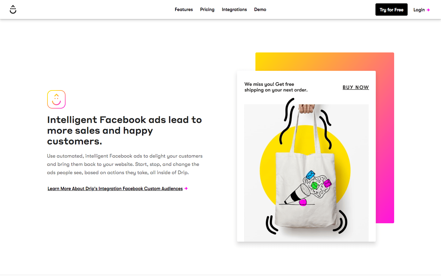 Facebook Ads section of Drip's homepage