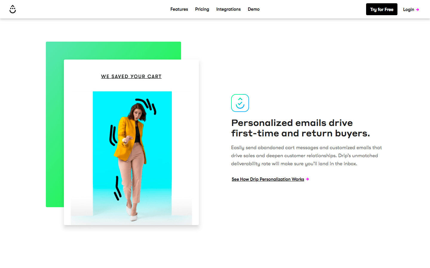 Personalisation section of Drip's homepage