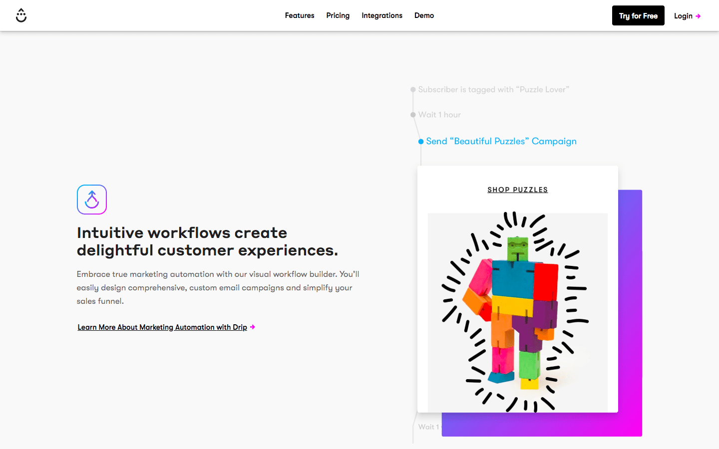 Workflow section of Drip's homepage
