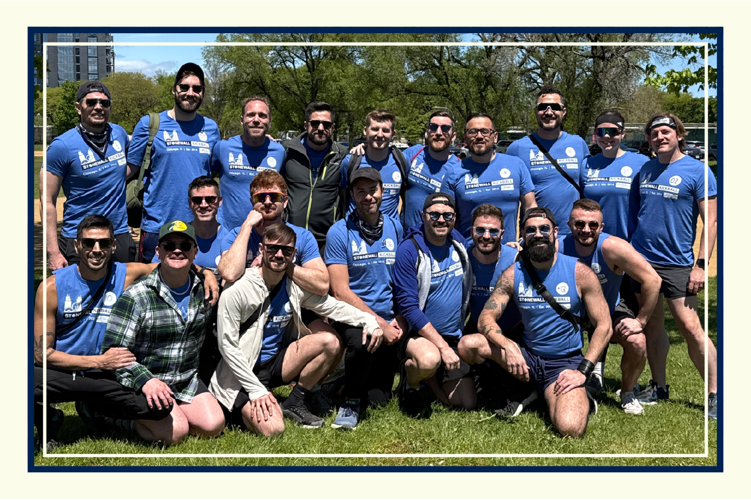 Blue Boys Chicago team photo after a Stonewall kickball game