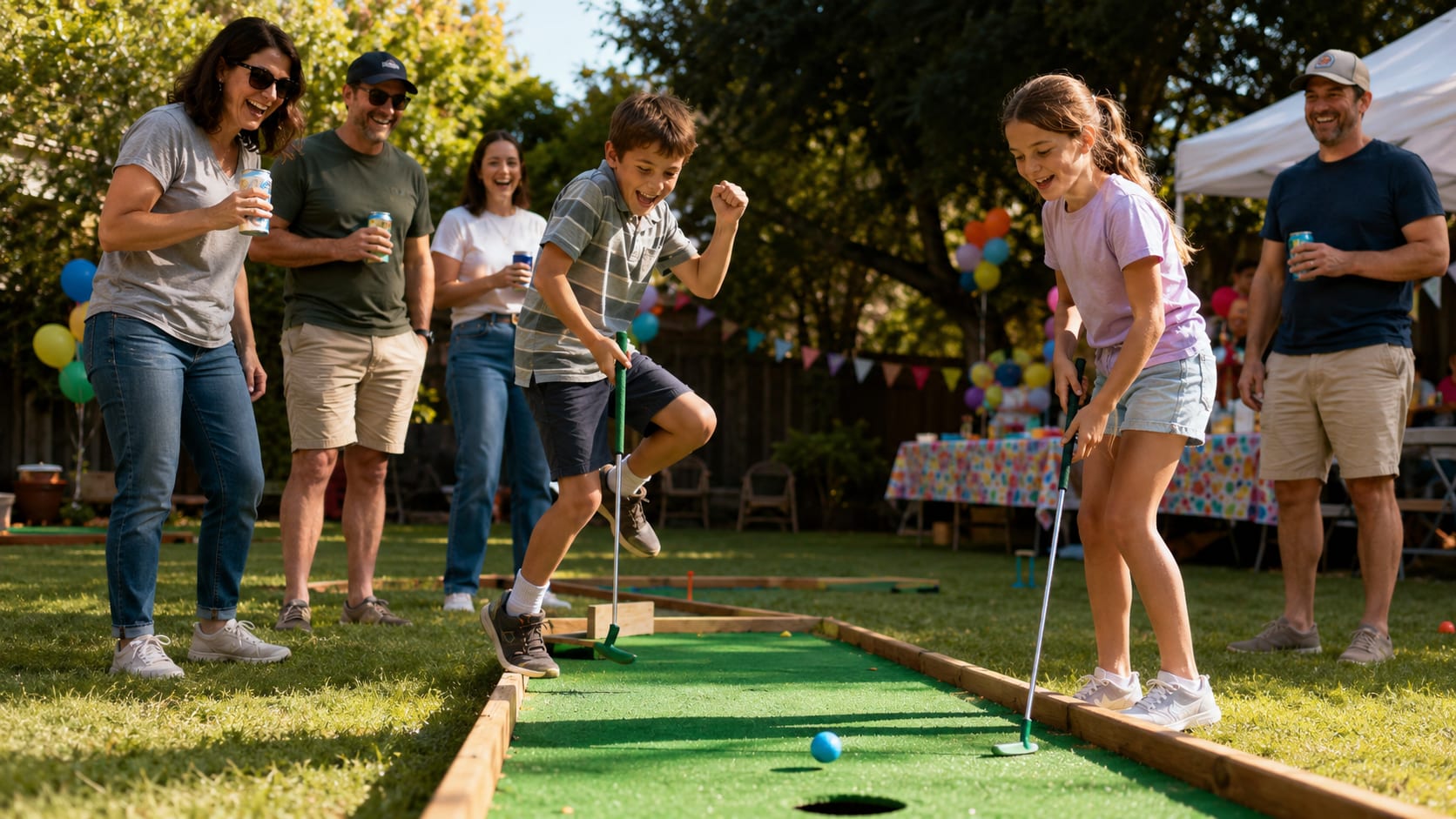 Group of people playing outdoor games at a backyard event
