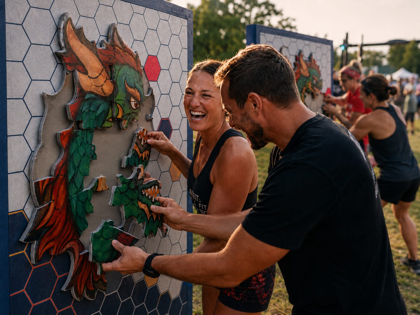 Two adults laughing during a team game