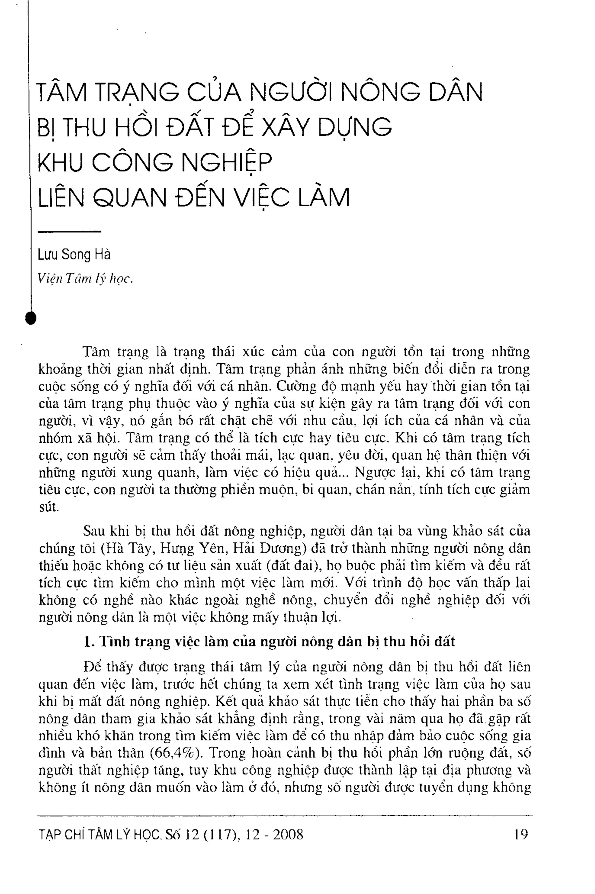 Tâm trạng của người nông dân bị thu hồi đất để xây dựng khu công nghiệp liên quan đến việc làm