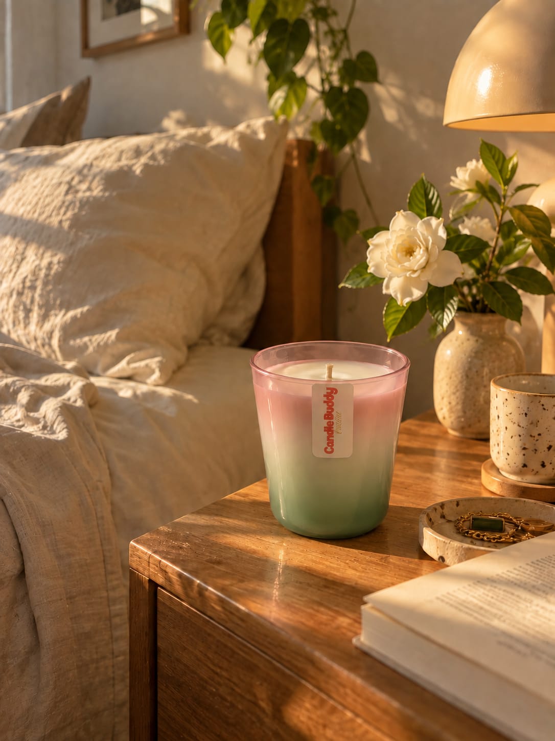 Yatak odasında Candle Buddy No. 1 White Gardenia gardenya kokulu mum