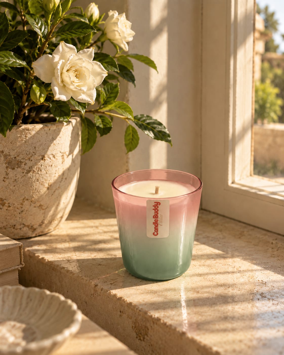 Gardenya çiçekleri yanında pembe ve yeşil cam Candle Buddy No. 1