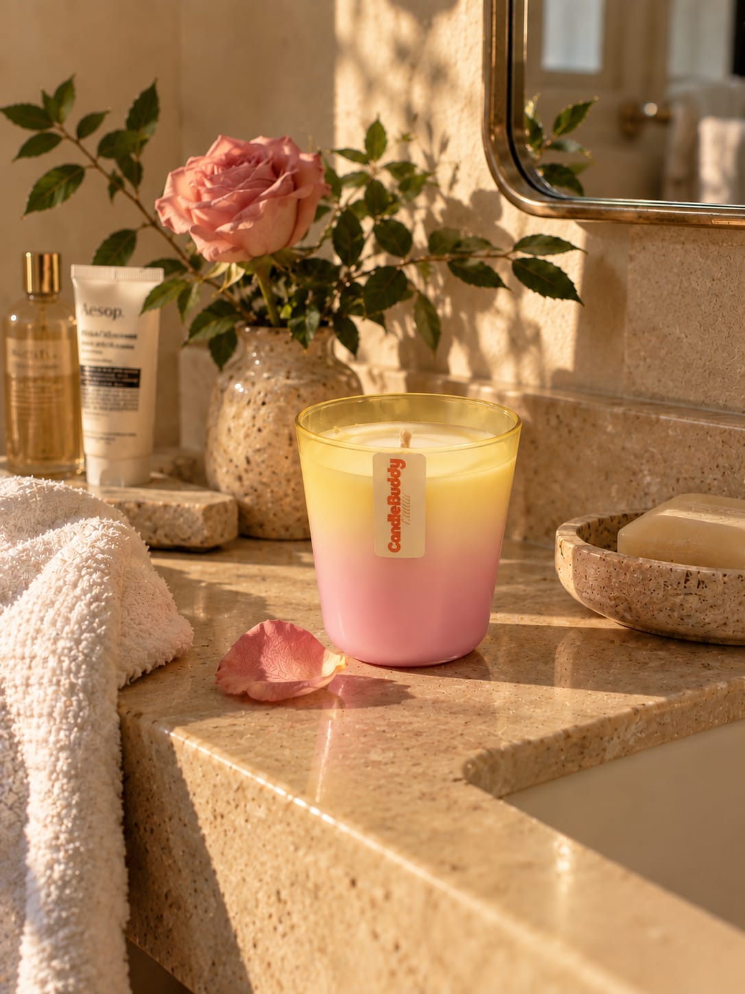 Banyo tezgâhında Candle Buddy No. 3 Rose & Orris kokulu mum