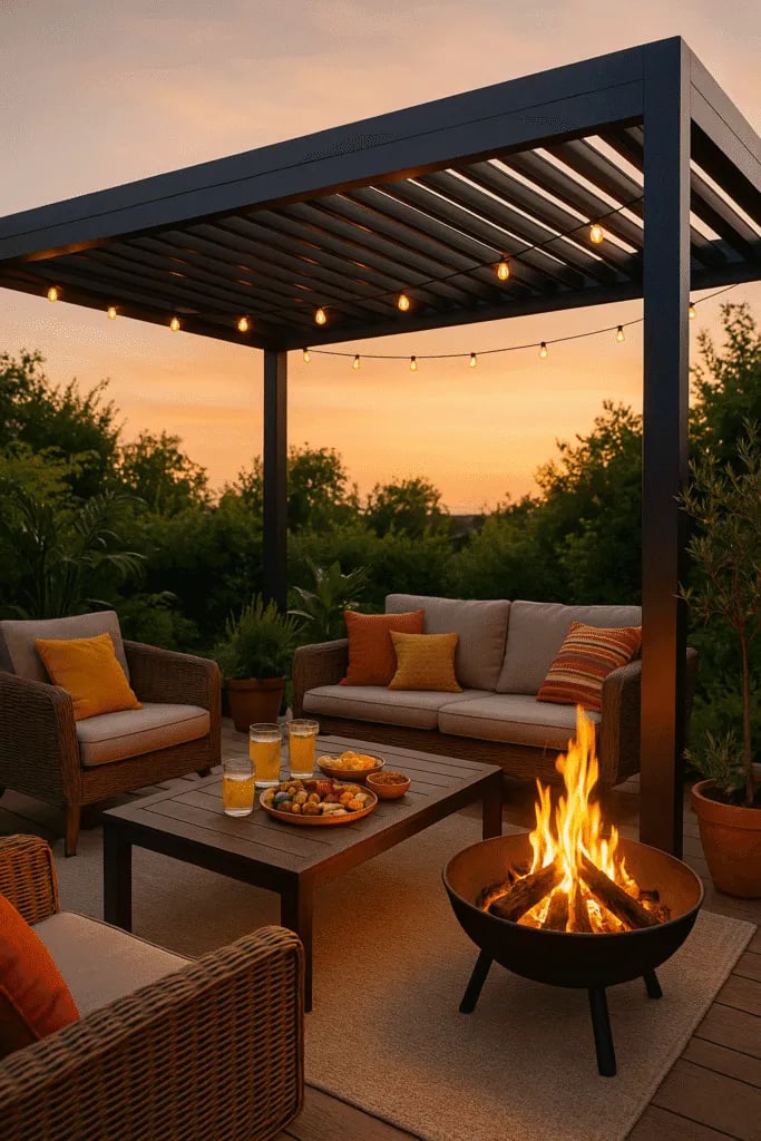 Coin apéritif extérieur aménagé avec des fauteuils confortables et une table basse en bois.