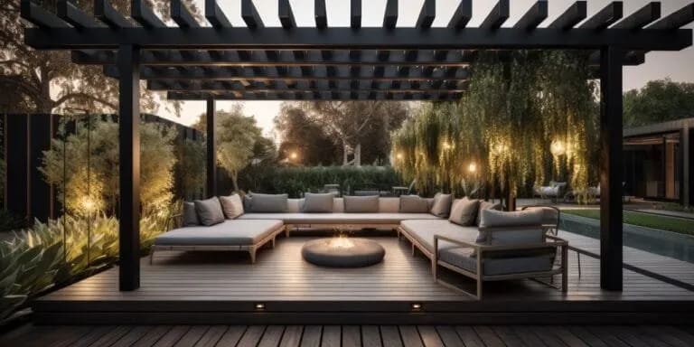 Terrasse en bois surplombant un jardin paysager avec piscine.