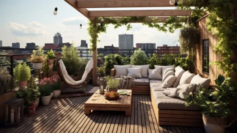Banc de terrasse en bois avec coffre de rangement intégré et table pliante compacte.