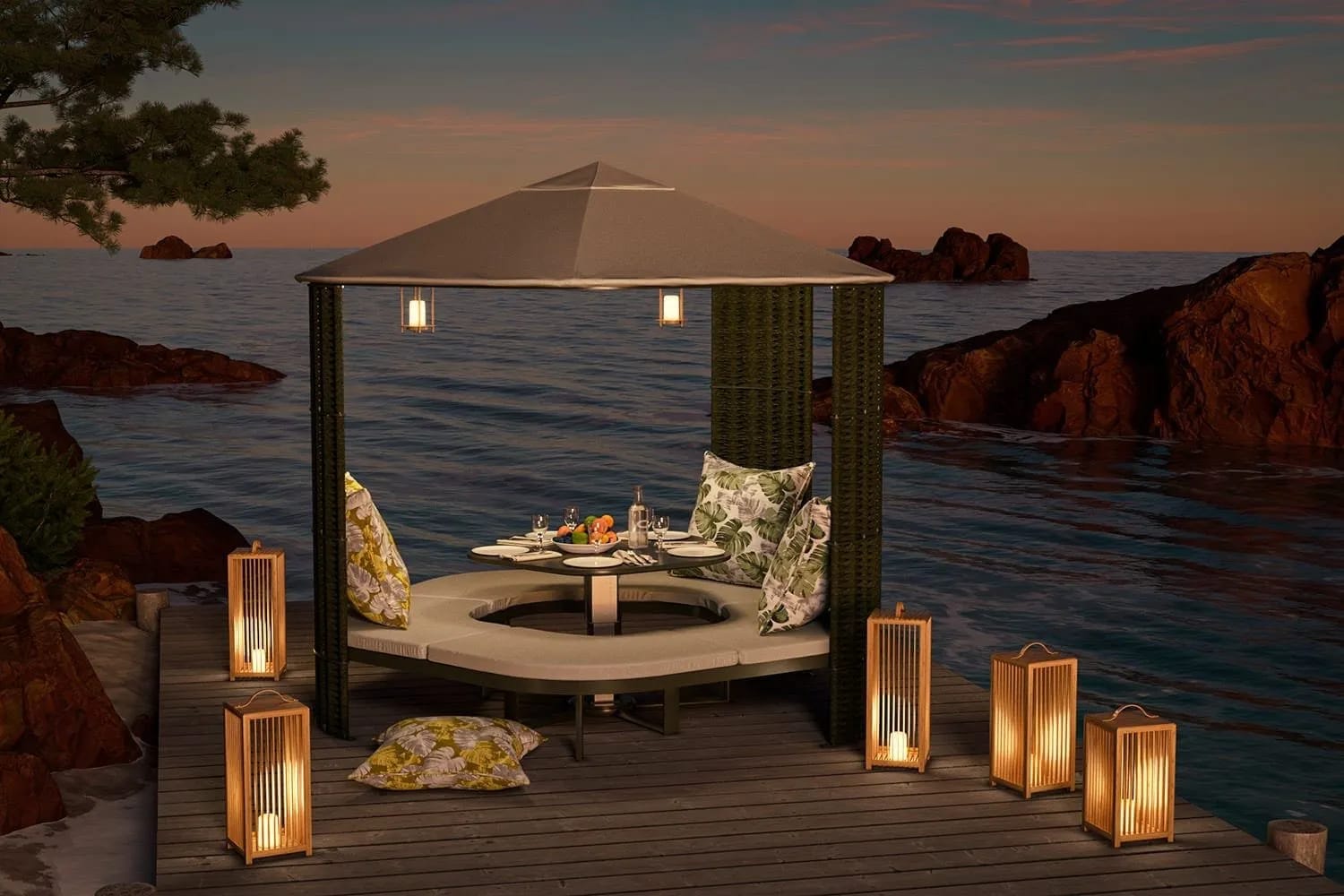 Brasero moderne Brazir allumé sur une terrasse en bois pour une ambiance chaleureuse et conviviale.