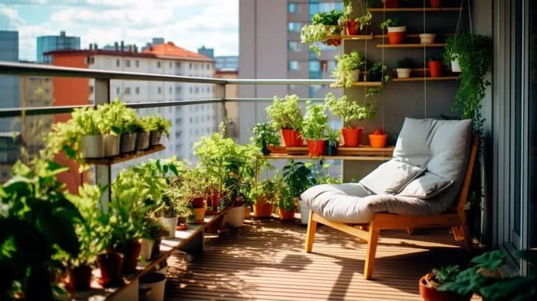 Mur de clôture aménagé avec des étagères et des pots de fleurs pour gagner de la place.