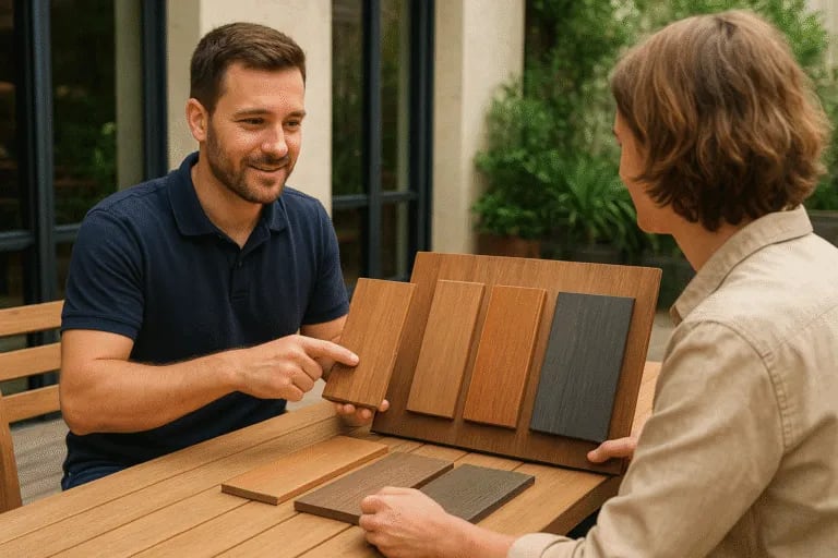 Gros plan sur des lames de terrasse en bois naturel aux finitions soignées pour un rendu moderne.