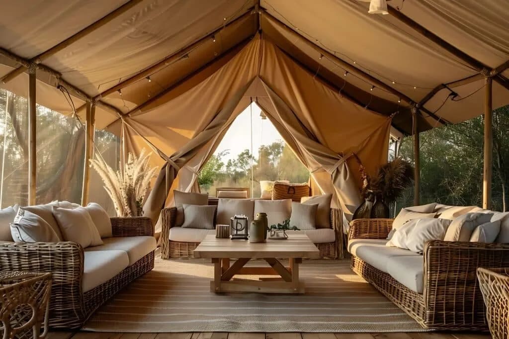 Mobilier de jardin confortable disposé sur une terrasse en bois entourée de verdure et de fleurs.