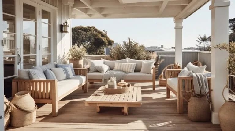 Cuisine d'été installée sur une terrasse en bois thermotraité.