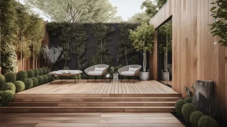 Salon de jardin moderne sur une grande terrasse en bois exotique.