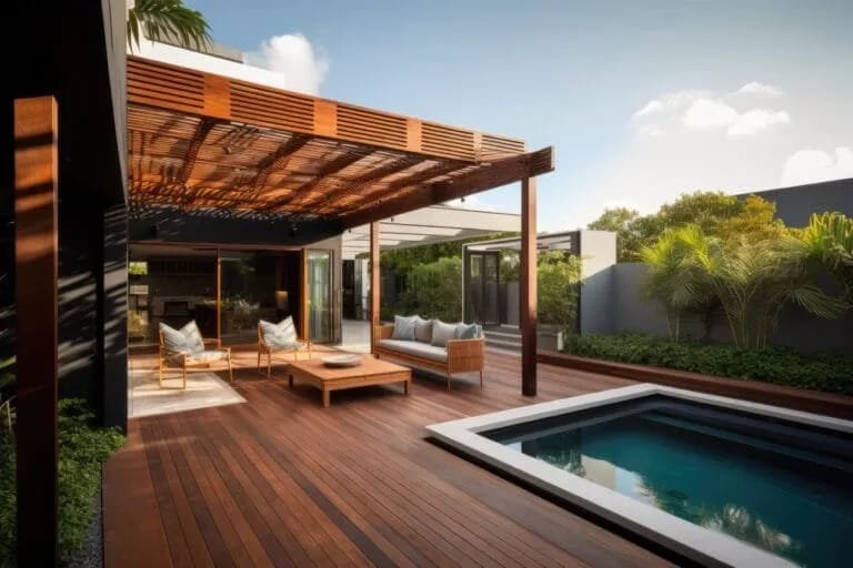 Mobilier de jardin minimaliste sur une terrasse en bois grise.