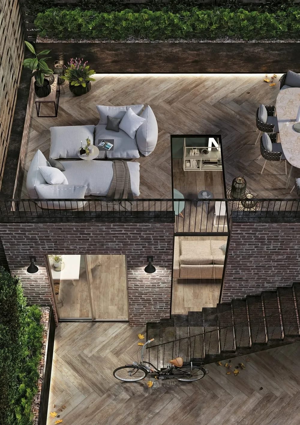 Salon de jardin en rotin avec coussins moelleux sur une terrasse en bois exotique durable.