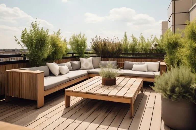 Garde-corps moderne en verre et inox sur une terrasse en bois massif.