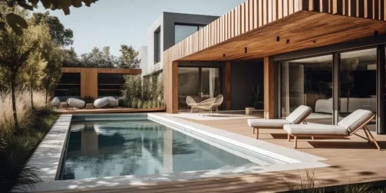 Espace détente avec banquette en bois et coussins sur une terrasse.