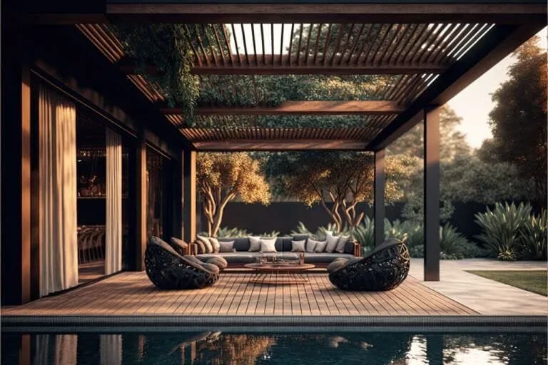 Salon d'extérieur cosy sur une plateforme en bois à plusieurs niveaux.