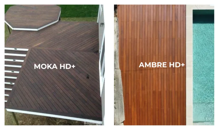 Terrasse en bambou finition ambre aux nuances de miel et de caramel lumineuses.